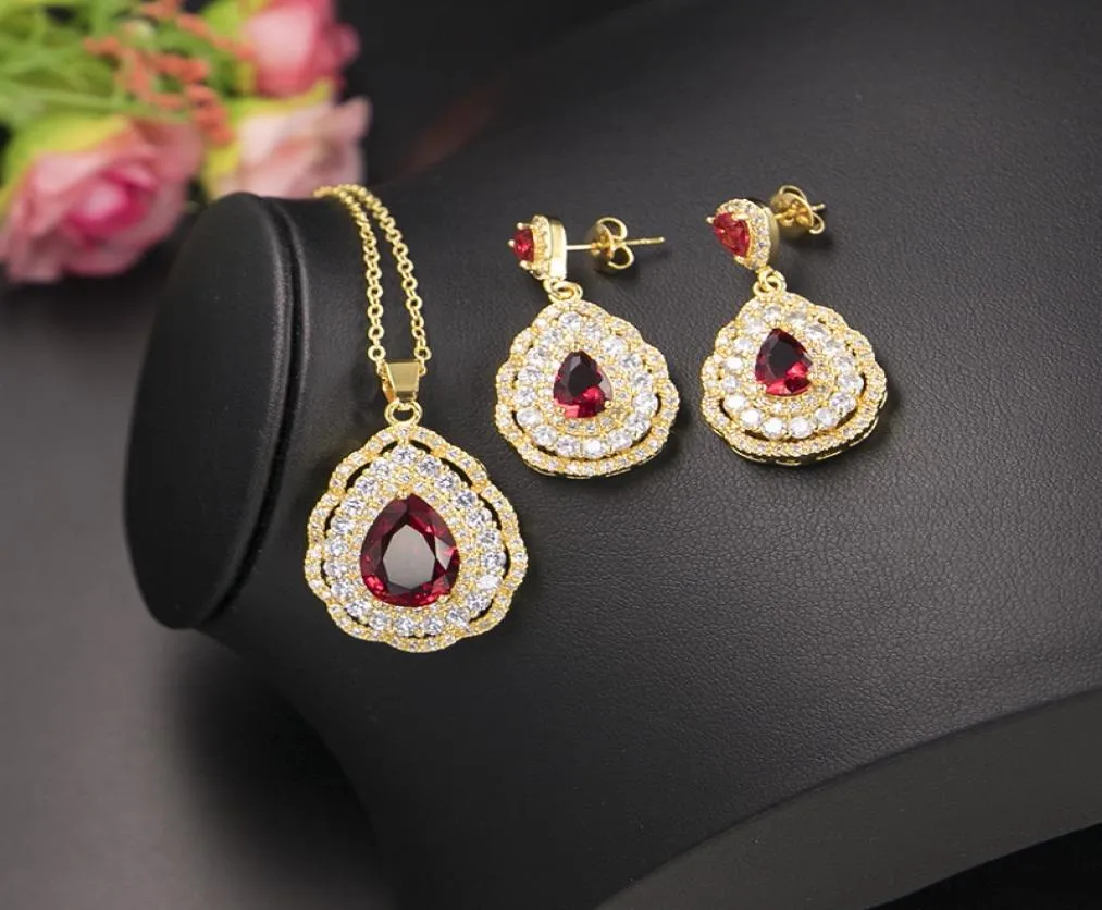Europei e statunitensi vendono set di gioielli di moda color oro, pietra rossa, zirconi, collana, orecchini per la sposa2565444
