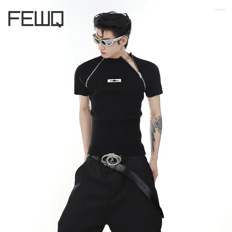 Men's T Shirts FEWQ High Street Fashion T-shirts Niche Deconstructed Slim Fitting Knitted Short Sleeve Metal Zipper Split Design 9C670