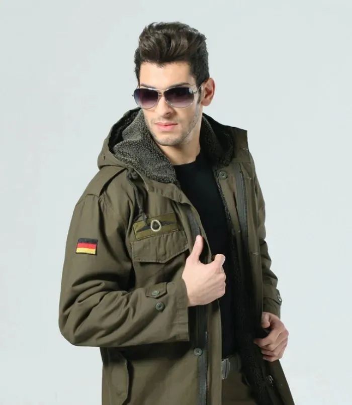 German Military Jacket Men s Winter Thermal Cotton Trench Coat with Fleece Lining Hood 231226