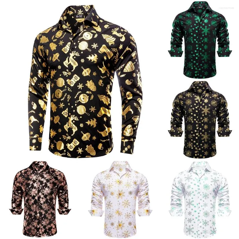 Camisas de vestido masculinas Hi-Tie Natal Seda Homens Camisa Preto Ouro Primavera Outono Manga Longa Lapela Slim Fit Blusa para Negócios de Casamento Masculino