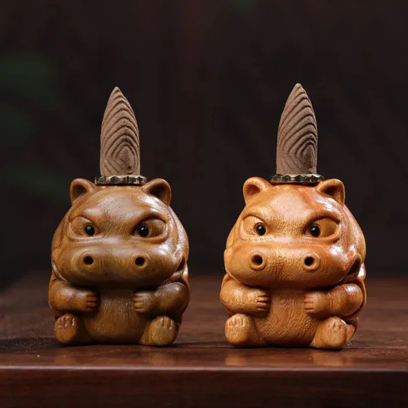 Cute Hippo Backflow Incense Holder Sandalwood Carved Animal Statue Home Office Creative Ornaments Tea Pet 231225