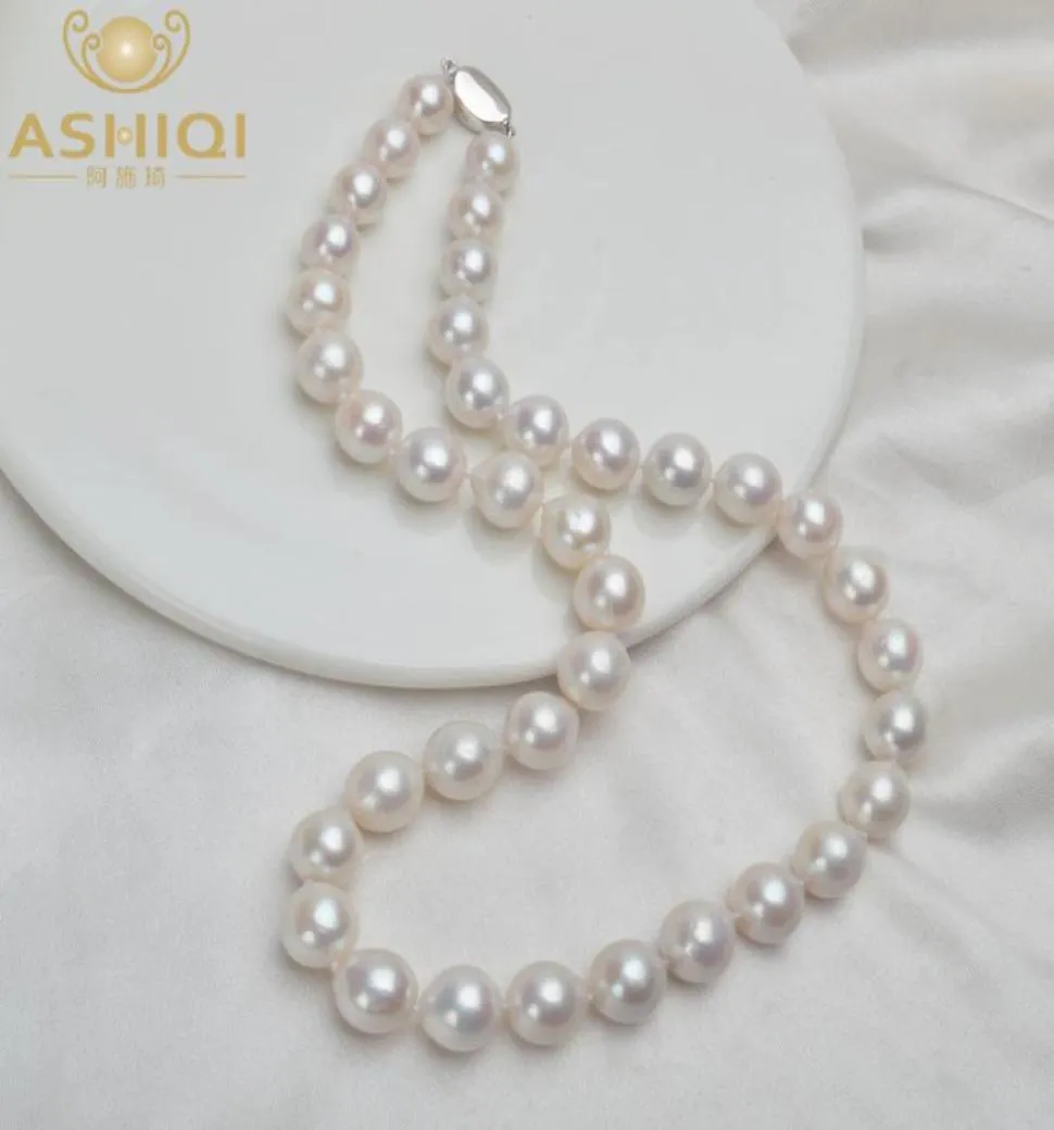 ASHIQI 1012mm Big Natural Freshwater Pearl Necklace for Women Real 925 Sterling Silver Clasp White Round Pearl Jewelry Gift 201226647420