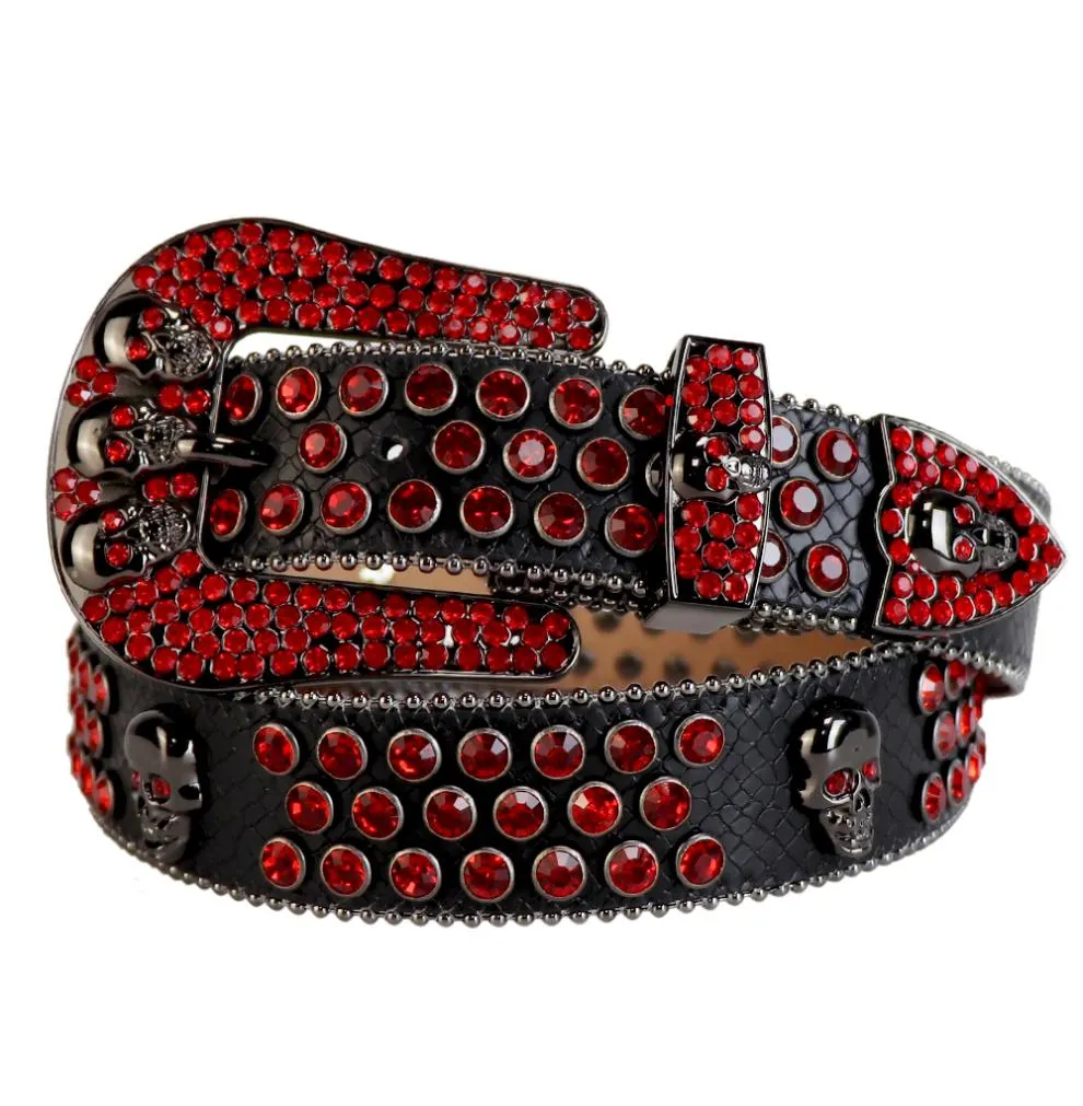 Western Cowboy Bling Bling Coloré Cristal strass Ceinture Crâne Conchos Ceinture Cloutée Trois Boucle Amovible pour Femmes et Hommes5709390