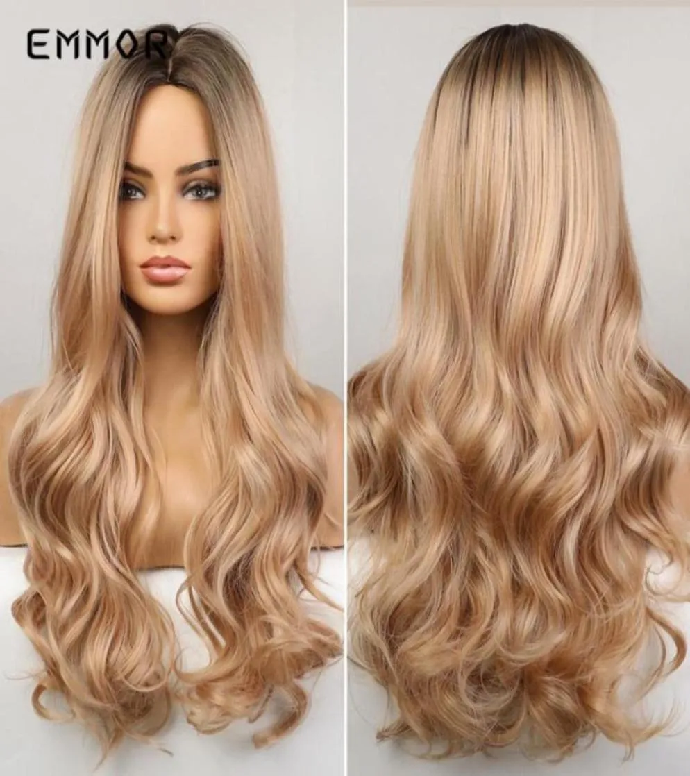 Syntetyczne peruki Emmor długie faliste włosy Peruka Ombre Brown do Blonde dla kobiet Naturalne środkowe części odporne na ciepło 54165256923232