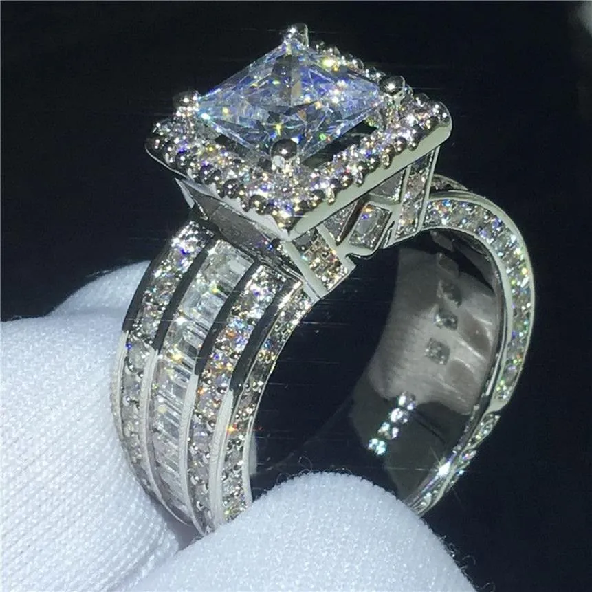 Anel de corte de luxo 3ct diamante cz pedra 925 prata esterlina noivado anel de banda de casamento para mulheres homens jóias de dedo gift309m