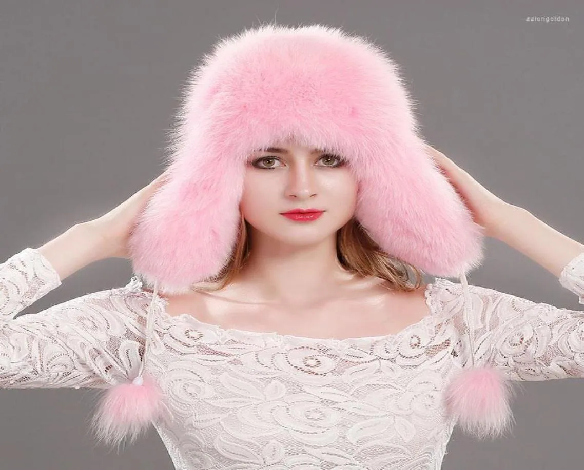 Bérets chapeau de fourrure russe bonnet tricoté hiver réel Bomber chapeaux femmes 100 naturel véritable haut en cuir casquettes Female6123097