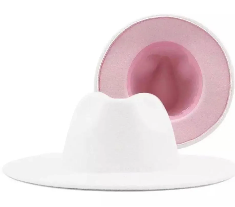 Branco e rosa retalhos feminino aba larga lã sintética feltro chapéus fedora unissex masculino vintage topo chapéu de cowboy jazz festa cap9888303