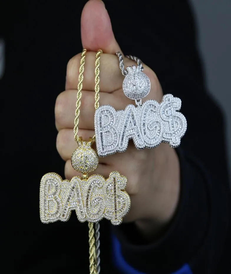 Подвеска в виде сумки с деньгами Iced Out, выложенная полным камнем cz, хип-хоп, кубинская цепочка, ожерелье с покрытием золотого, серебряного цвета для женщин и мужчин, ювелирные изделия высокого качества 7196557