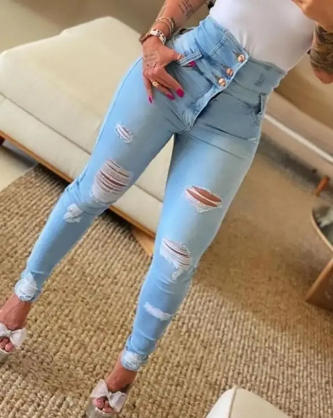 Women Fashion Stretch الممزق النحيف عالي الخصر سراويل سراويل سراويل رفيعة