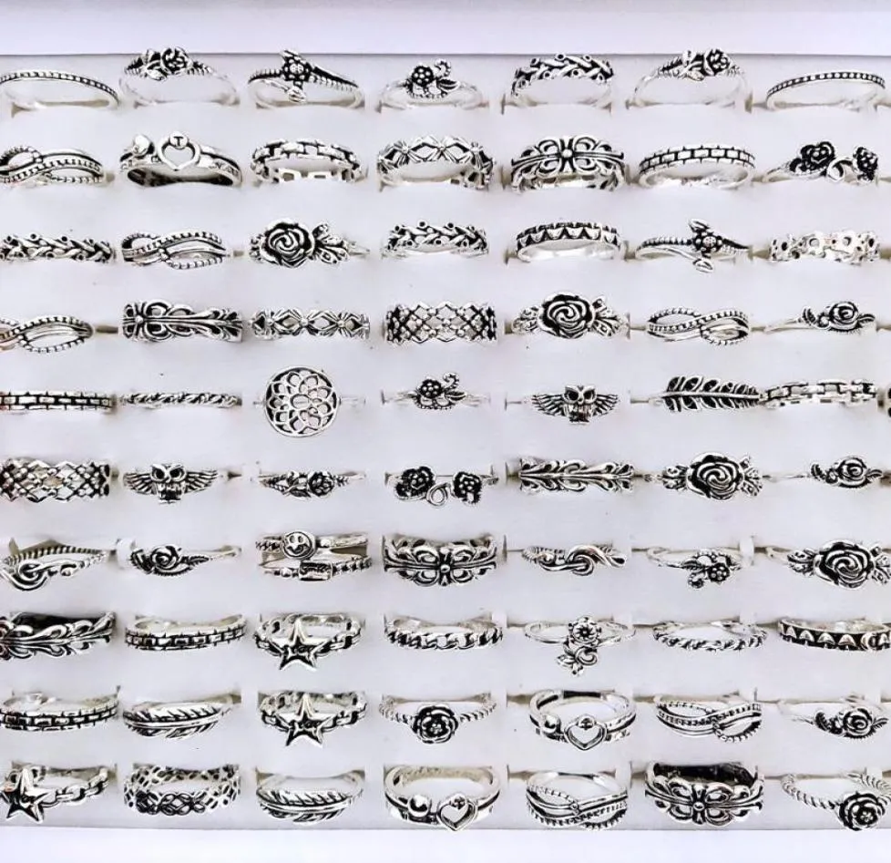 Band Bulk lots 100pcs Antique Silver Plated Multi styles for Women Vintage Ladies Flower Fashion Finger Retro Jewelry 2211255981957