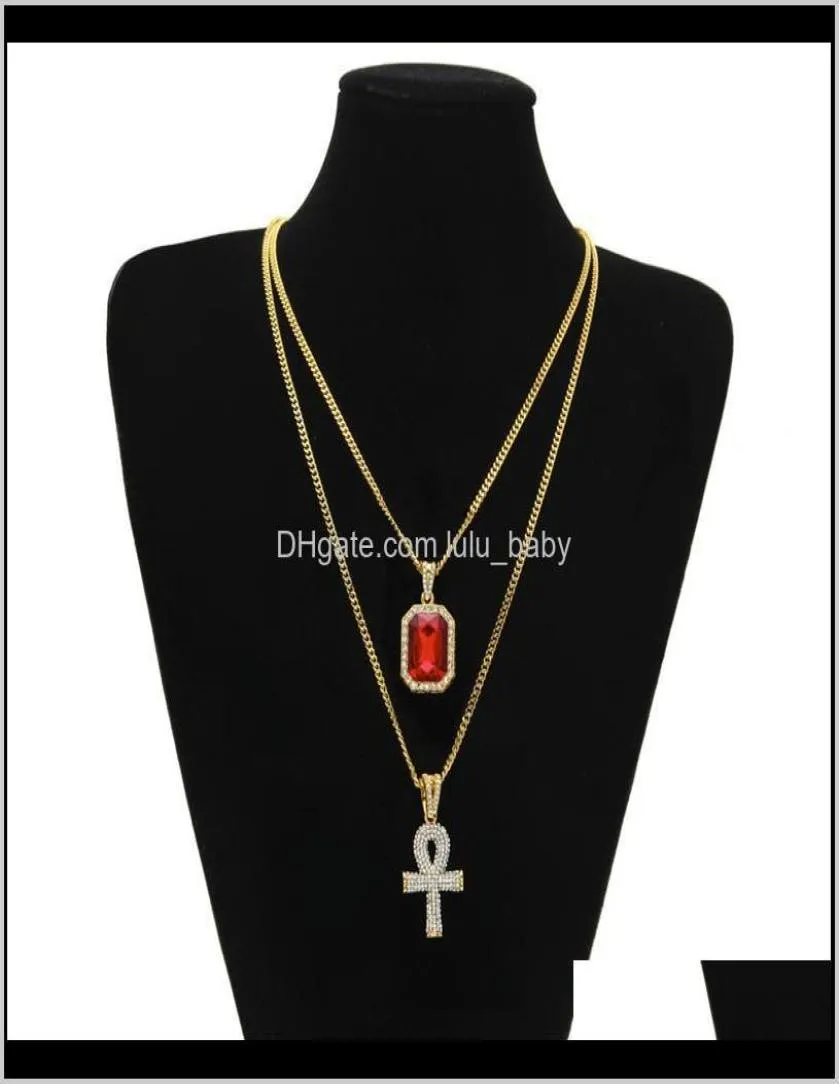 Hommes S égyptien Ankh clé de vie collier ensemble Bling glacé mini pierre précieuse or chaîne en argent pour femmes Hip Hop bijoux Ibrgq cou Ewxvt6130227