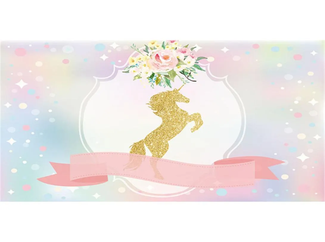 Gold Unicorn Birthday Party Pography Backdrop Pink Ribbon Digital Printed Flowers Bokeh Baby Shower Po Background for Studio7779228