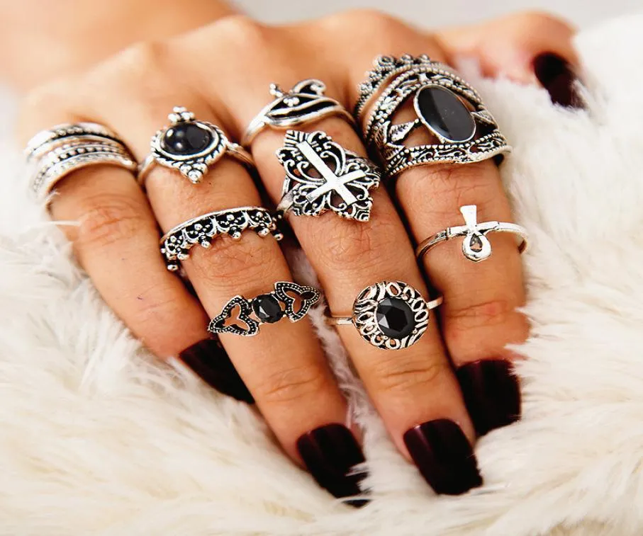 Bohemian Creative 10pcs/set band ring sets crown knot black rhinestone designer jewerly for women midi finger appoy ring accessories 1434114