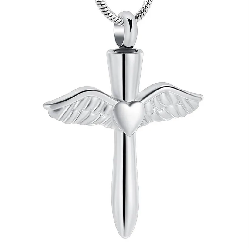 IJD12240 – pendentif ailes d'ange en acier inoxydable, bijoux de crémation, croix en cœur, pour animal de compagnie, souvenir de cendres commémoratives humaines, collier 241G