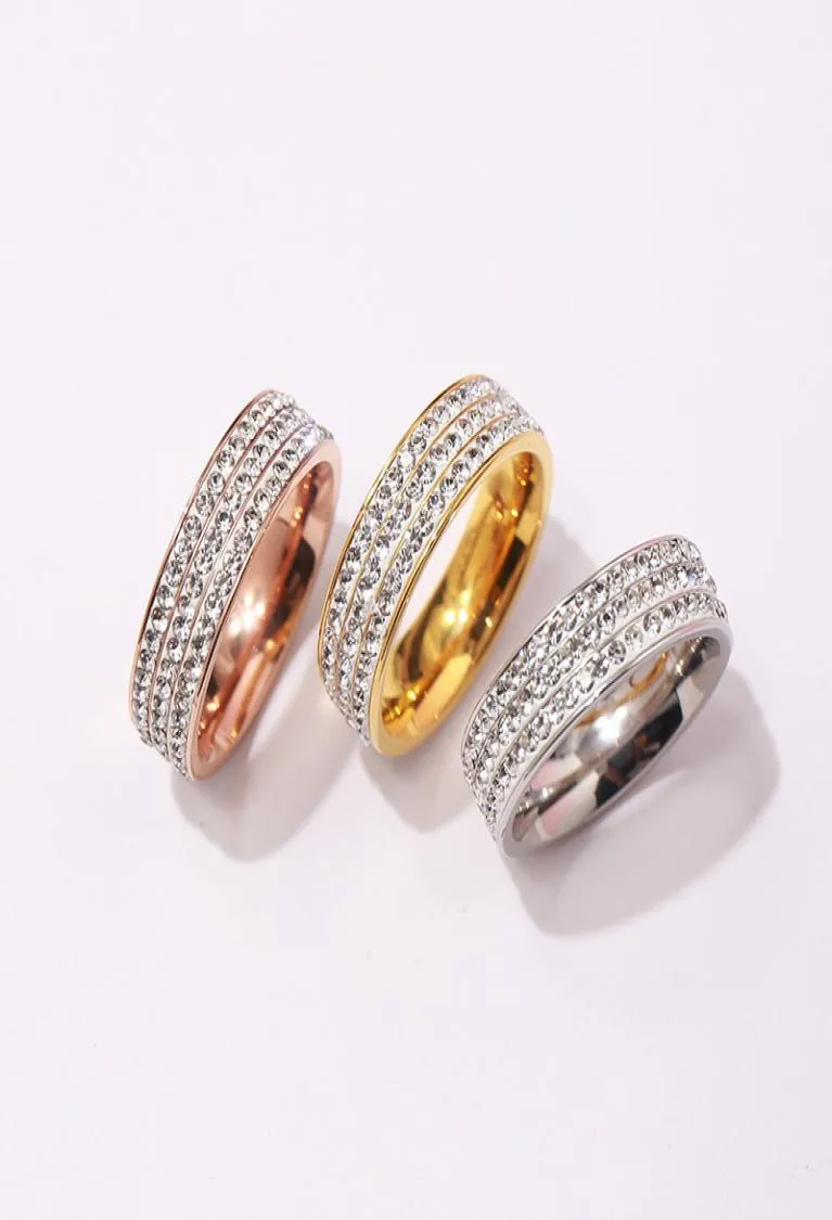 New Arrival Fashion Lady 316L Titanium Steel Three Rows White Diamond 18k Gold Plated Engagement Wedding Rings 3 Color Size 692804524