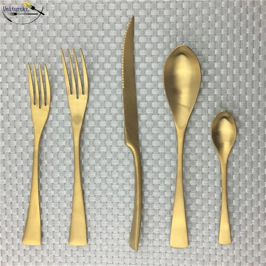 5 20 30Pcs Matte 304 Stainless Steel Silverware Gold Cutlery Steak LNIFE Teaspoon Dinner Fork Scoop Dinnerware Dishwasher Safe1978