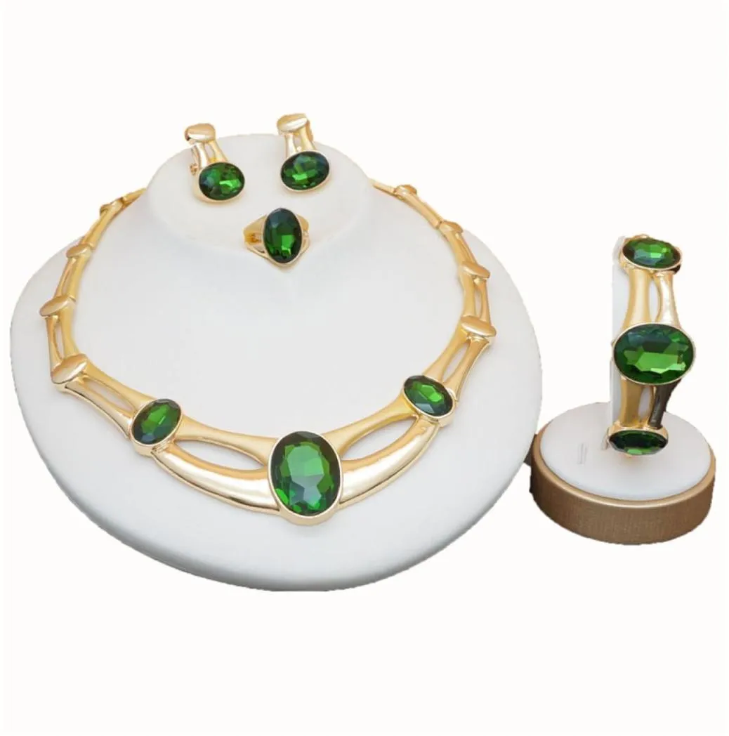 Rose Gold Green Stone Jewelry Set Women Bridal smyckesats