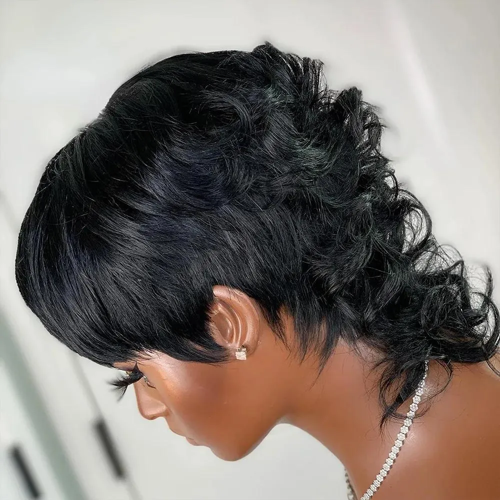 Peruklar kısa kıvırcık pixie kesim perulu remy insan saç perukları siyah kadınlar için% 150 glueless makine yapımı peruk ücretsiz kargo