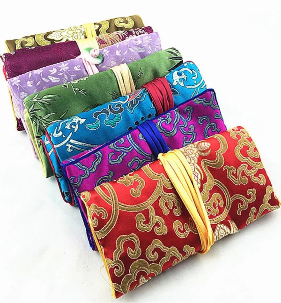 Customize Folding Jade Travel Jewelry Roll Up Bag Chinese Silk Brocade Pouch Ladies Makeup Storage Pouches Drawstring Large Cosmet7122101