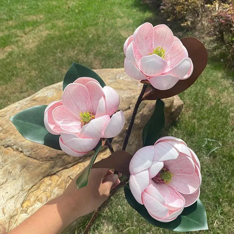Decorative Flowers 3 Heads Silk Magnolia Artificial Flower Branch Blooming Wedding Bouquet For Bride Hand Fake White Home Decor