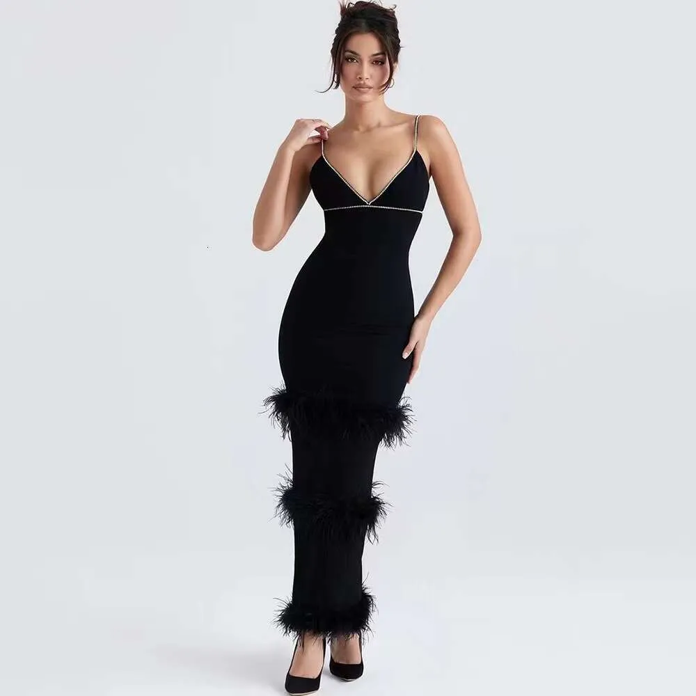 Amazons bästsäljande bandageklänning med Deep V Diamond Tassel Feather Strap, Long Women's Bandage Dress i Europa och Amerika