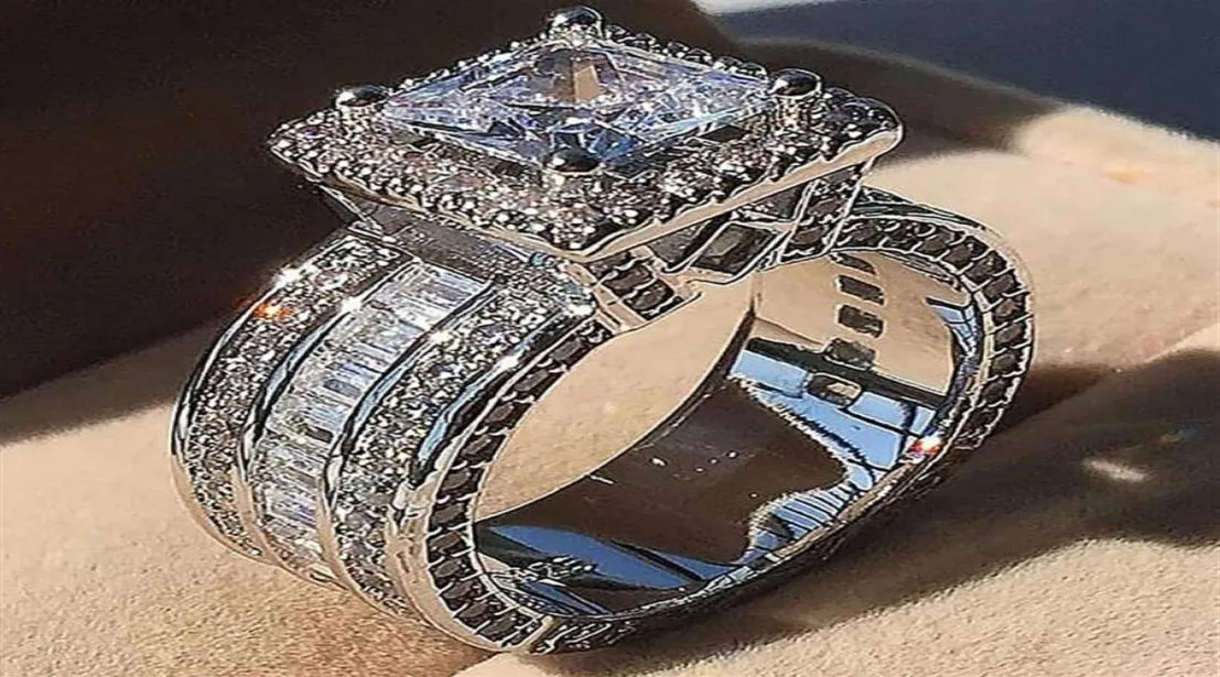 2022 Moda Vintage Court Erkek Halkası Gümüş Prenses Kesme CZ Taş Nişanlanması Düğün Bandı Halkaları Kadın Mücevher Hediye27565087443