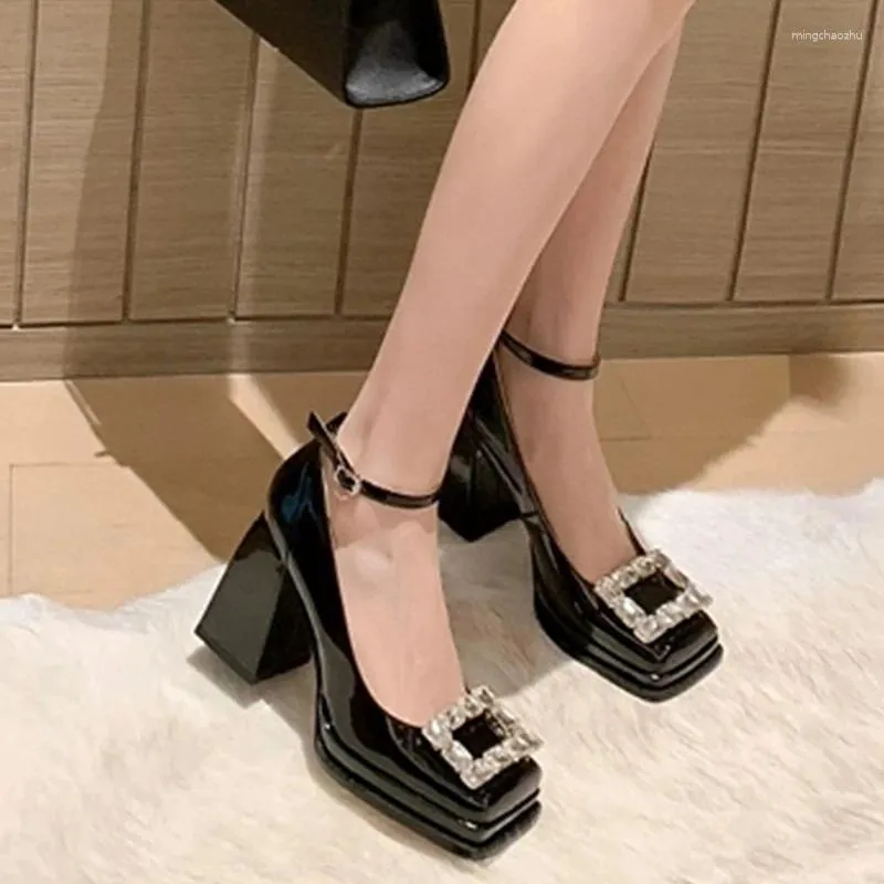 Dress Shoes Luxury Crystal Women Mary Janes 2024 Spring High Heels Designer Square Toe Lolita Elegant Pumps Female