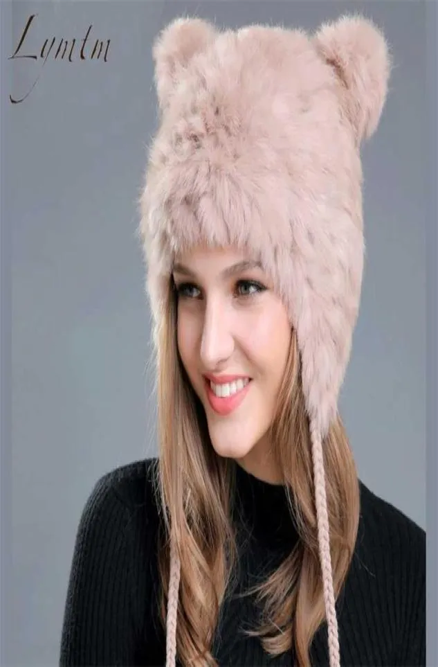 Lovely Bear Ear Skullies Beanies Genuine Rex Rabbit Fur Fabric Knitted Hats Winter Warm Soft Solid Caps Snow Women Hat 2112238347524