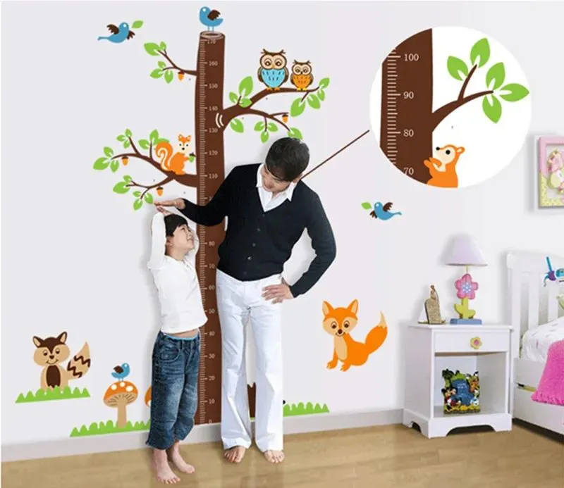 Autocollants écureuils forêt animaux courbe de croissance stickers muraux pour enfants chambre décoration dessin animé mural art maison décalcomanies enfants cadeau hauteur moi