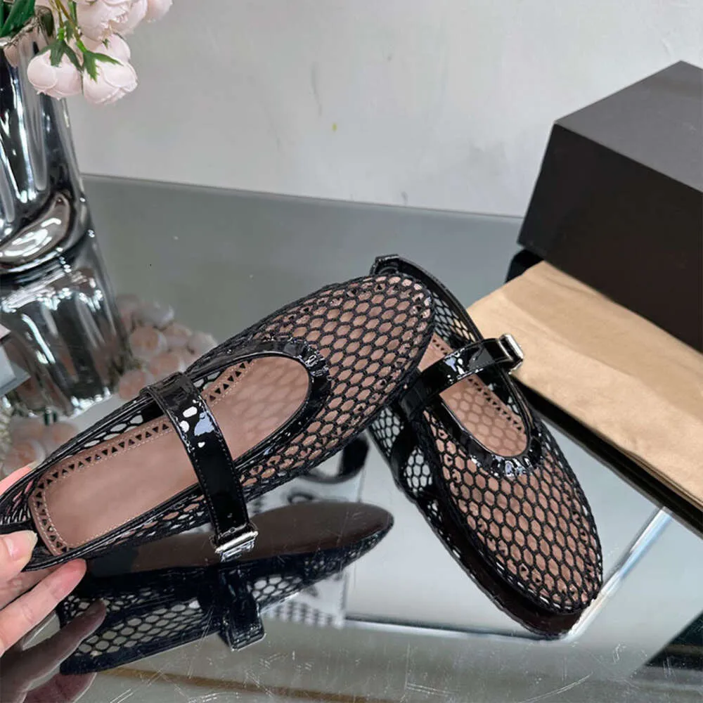 Women Fishnet Ballet Flats Shoes Designer Sandal Black Fabric Pointed Toe Classic Loafers Buckle Fastening Casual Shoes 505