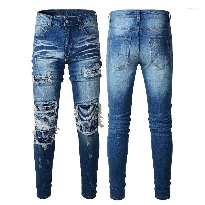 Мужские джинсы высокого качества, повседневные брюки с рваными клубными потертостями и потертостями в рубчик, тонкие синие брюки из эластичного денима, размер 28-40