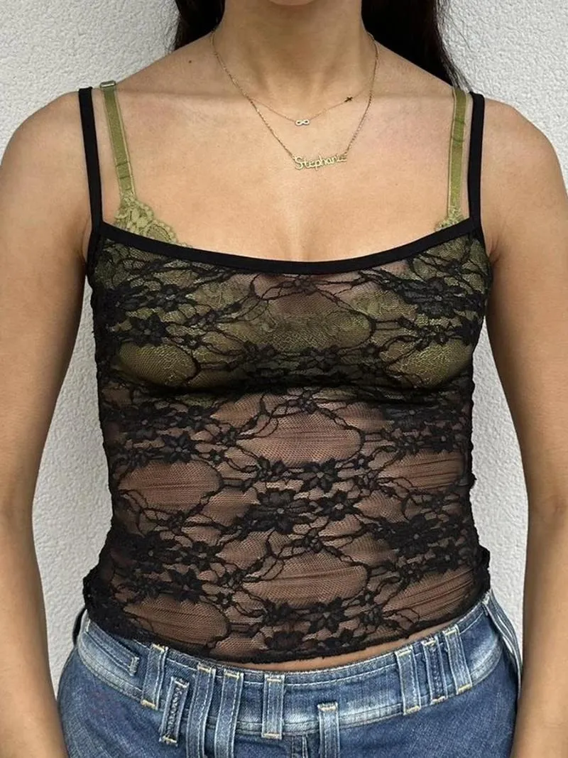 Camisetas sin mangas para mujer Y2K de encaje Cami Top sexy sin mangas con tirantes finos ver a través de camisola Tops sin espalda cuello cuadrado tanque