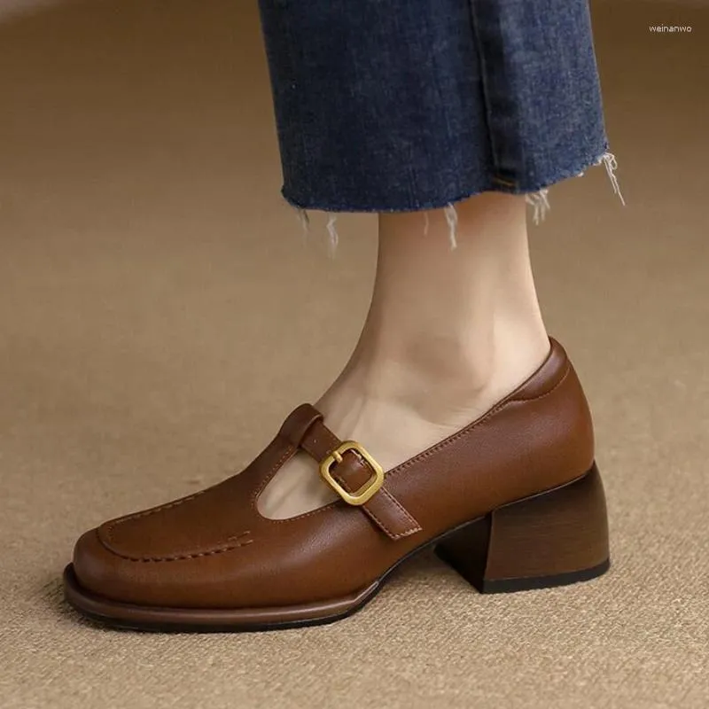 Dress Shoes Female Mary Jane British Small Leather For Women Design Thick Heel Buckle T Strap Women's French Retro Single