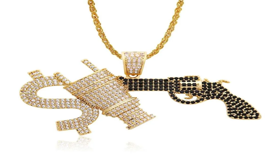 Hip hop arma diamantes pingente colares para homens luxo dinheiro plug colar jóias banhado a ouro cobre preto branco zircões dourado cu4075610