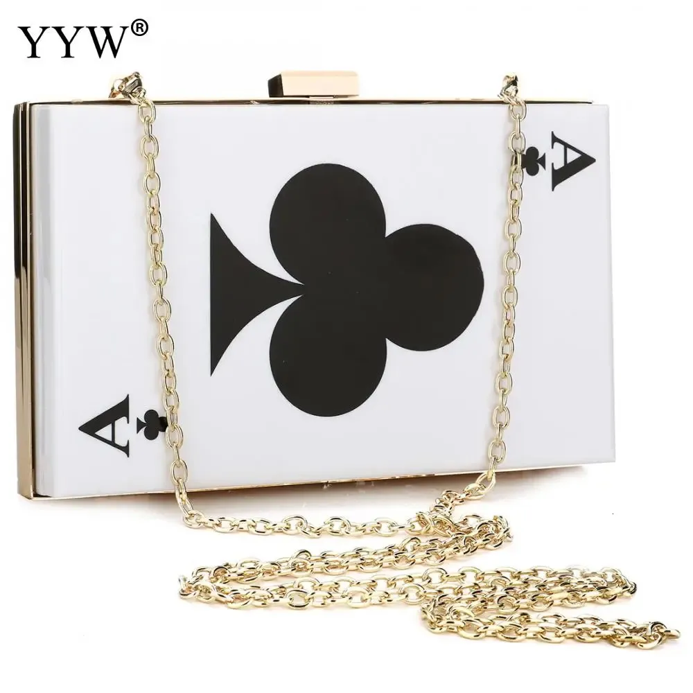 YYW Poker Vorm Wit Acryl Clutch Bruiloft Box Tas Dames Meisje Mode Schoudertassen Keten Handtassen Portemonnee Koppelingen 231226