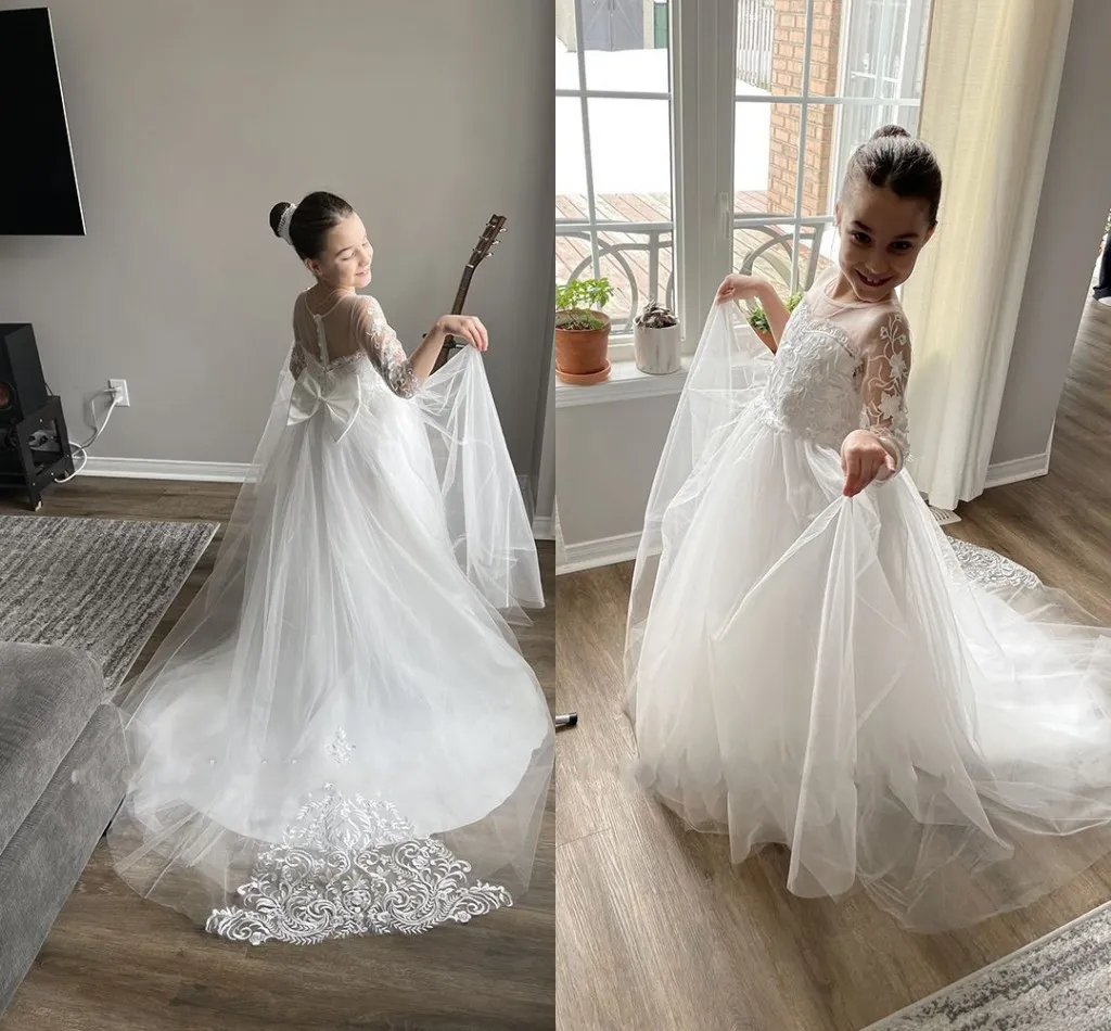 Boho Kant Schattig Bloemenmeisje Prinses Een lijn Doorzichtig Tule Lange mouwen Ronde hals Appliqués Grote strik Sjerp op de rug Kinderen Formeel Feest Verjaardag Communiejurken Ppliques