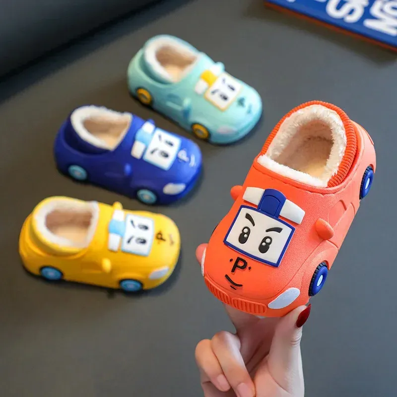 Children's Cotton Slippers Boys Girls Winter Waterproof Cartoon Car Cotton Shoes Indoor Soft Soles Fur Baby Home Slippers 231226