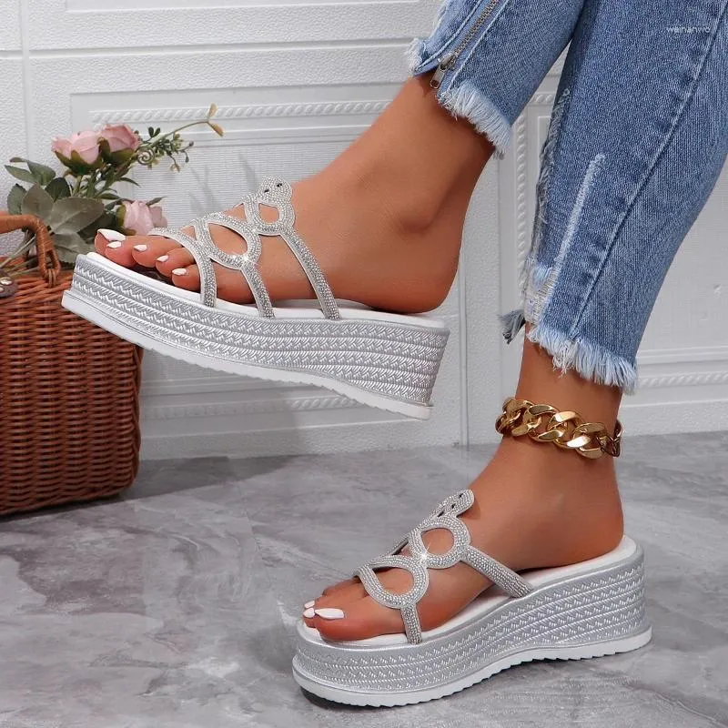 Tofflor Slope Heel Sandal Women's 2024 Summer Water Diamond Snake Shaped Fairy Style Beach One Line Slipper Trend