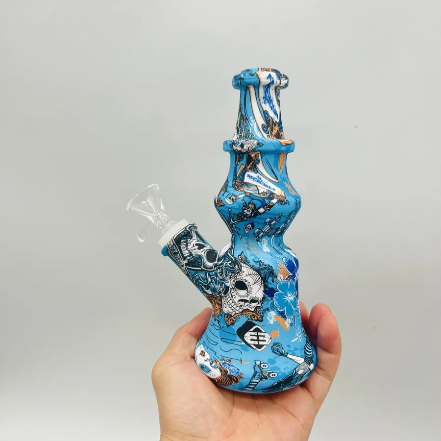 7,5-Zoll-Lighthouse-Bong, hydrografisch bedruckter Wasser-Silikonschlauch, Dab-Rig mit Glaskopf zum Rauchen von Tabaköl