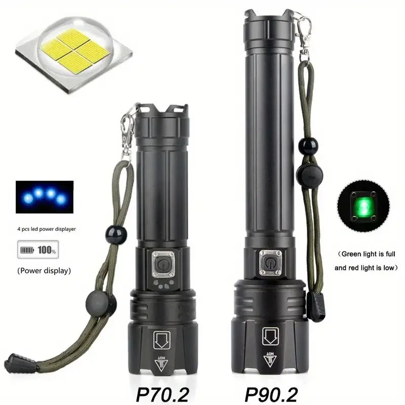 1 Stück tragbare LED-Taschenlampen, USB wiederaufladbare XHP70 P90 wasserdichte Lampe, Zoom 26650 Taschenlampe mit starkem Licht für Camping, Wandern, Angeln