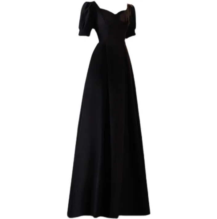 검은 연인 새틴 이브닝 드레스 짧은 소매 형식 가운 단순한 A- 라인 신부 들러리 드레스