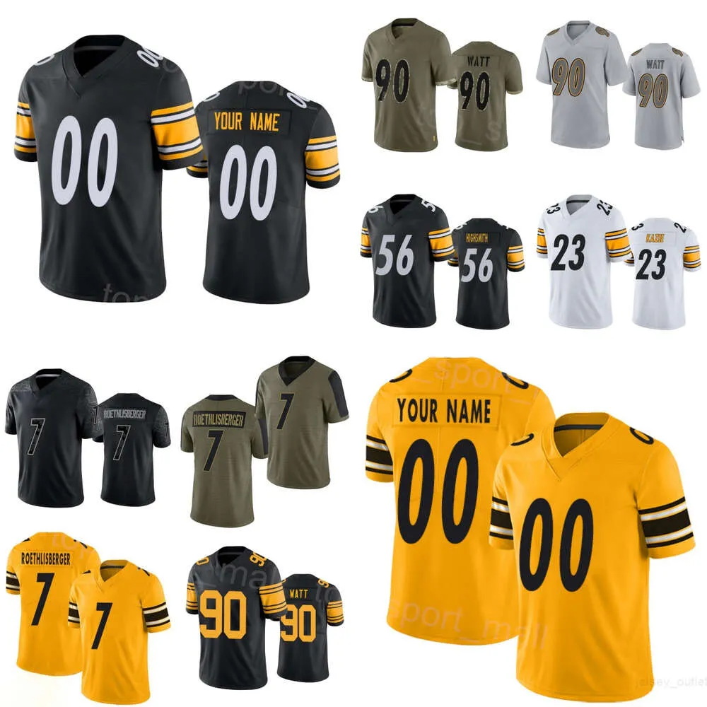 Hommes Femmes Jeunes Football 7 Ben Roethlisberger Maillots 90 TJ Watt 55 Cole Holcomb 50 Elandon Roberts 31 Keanu Neal 23 Damontae Kazee 56 Alex Highsmith Noir Blanc Équipe