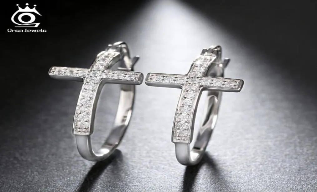 Женские серьги-кольца ORSA JEWELS серебряного цвета с большой крестообразной петлей, модные ювелирные серьги с блестящими австрийскими кристаллами O1076317