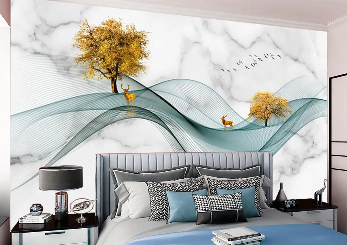 Papel tapiz 3d Mural Árbol dorado Paraguas de papel simple Sala de estar Dormitorio TV Fondo Fondos de pantalla blanco azul papeles de pared 3853381