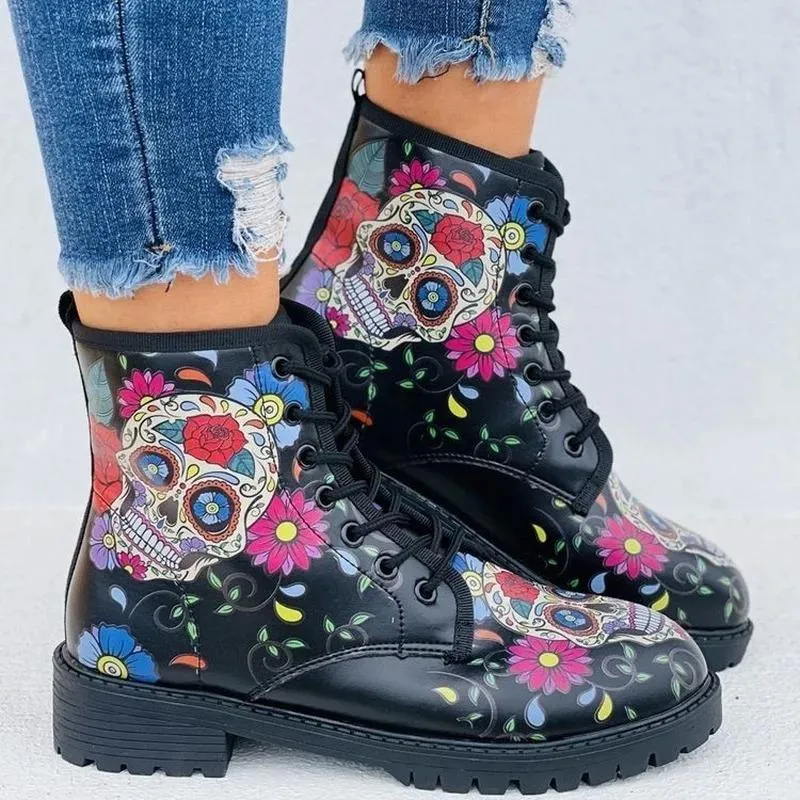 Boots Martin Boots Women's Autumn Winter Shoes Fashion Women's Tooling Boots Skull Print Hightop Ankle Boots Ladies Botas De Mujer