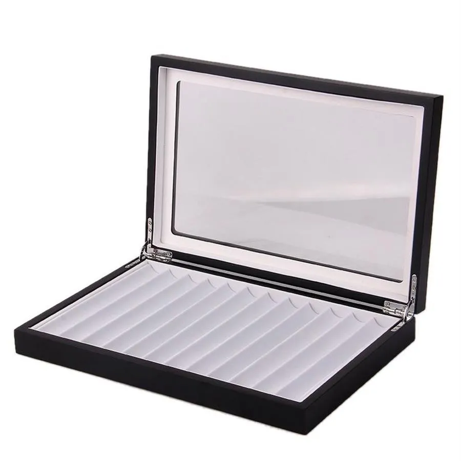 Boîte à stylos en bois 12, présentoir, mallette de rangement, porte-stylo, boîte de rangement de collection avec fenêtre transparente, noir 219k