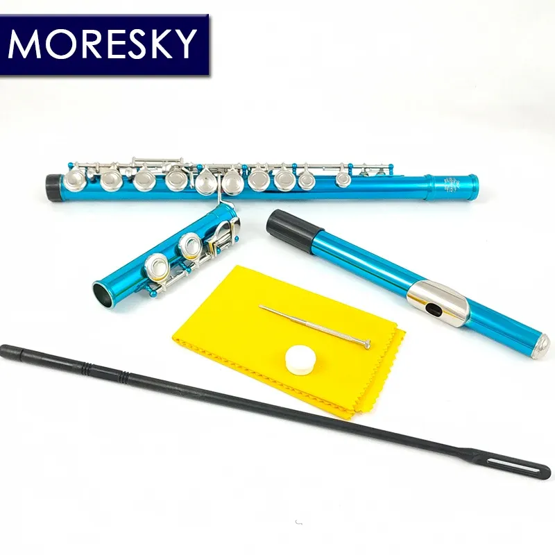 Moresky Flute 16 Close Holes C Keys Instrument Cupronickel Nickel Plated Sea Blue Flute with E Key MFL-603