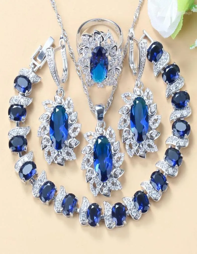 Set di bigiotteria da sposa in argento 925 con pietra naturale CZ blu orecchini pendenti bracciale e anello per gioielli da donna18788046