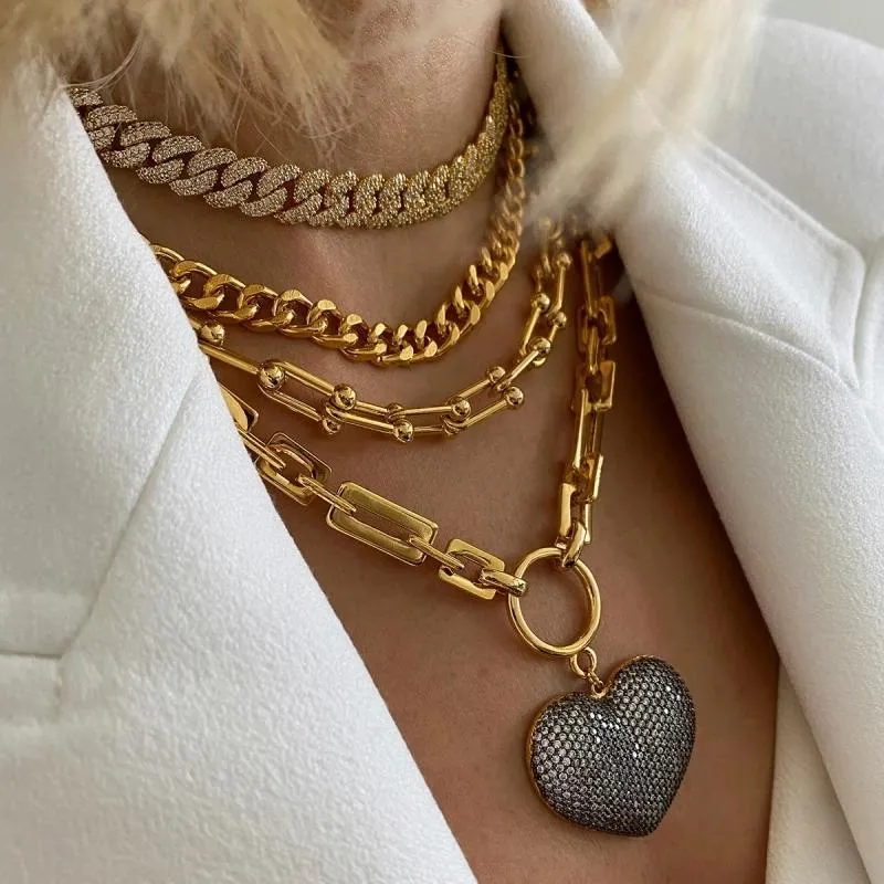 Necklace 2022 Gift Collar Heavy Minimalism Chain Punk Chunky Jewelry Accessory Charm Black Crystal Heart Pendant Necklace Women Men