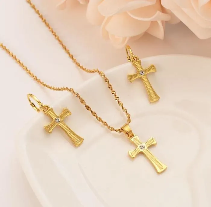 Cross Necklace örhängen Set Solid Gold GF CZ Crystal Katolska religiösa bröllop Bridal smycken Set Christmas Birthday Gift4288586